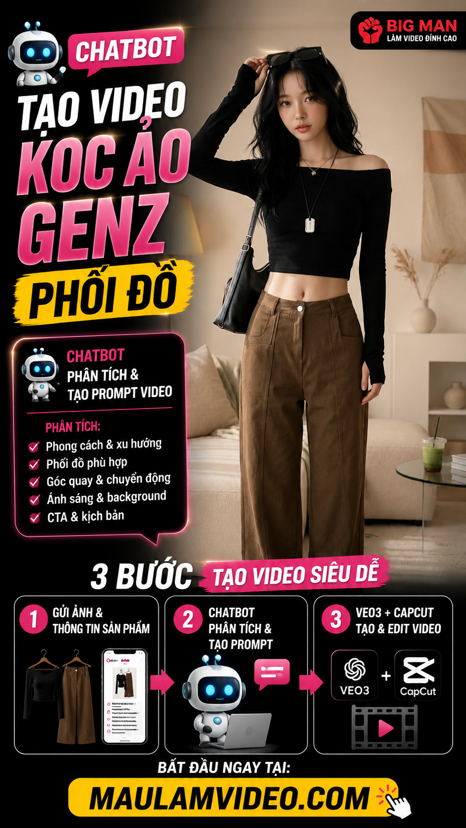 Mẫu câu lệnh (prompt)- Tạo video KOC ảo GenZ - Phối đồ - cắt cảnh nhanh